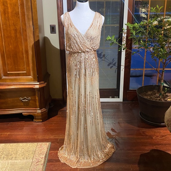 green emerald velvet dress Adrianna Papell Metallic Mesh Draped Gown